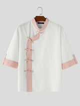 Men's New Chinese Style Asymmetrical Contrast Frog Button Shirt SKUL62068