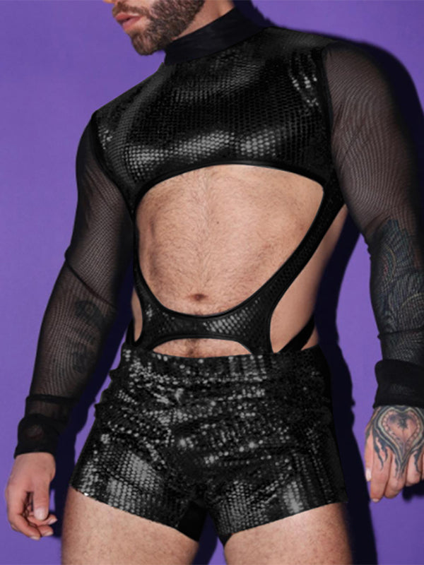 Mens Glitter Patchwork Cutout See Through Bodysuit SKUK39948