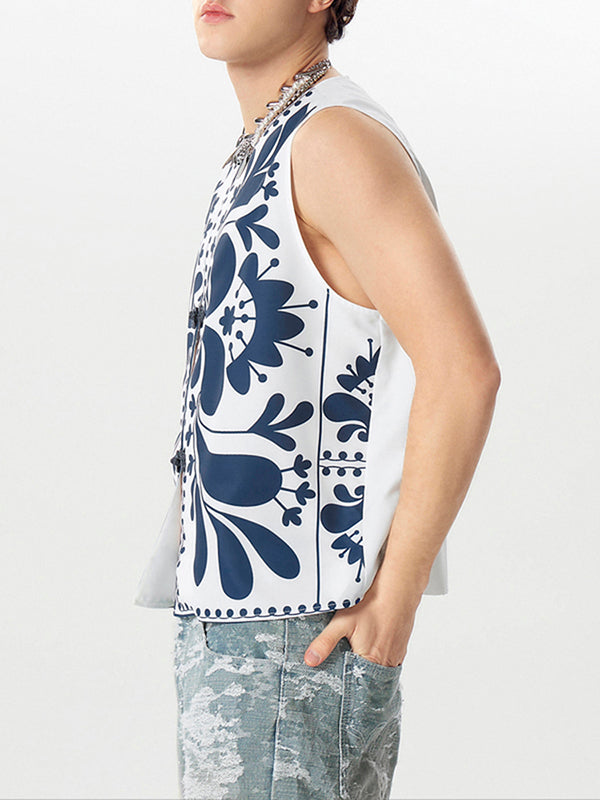 Mens Floral Print Frog Button Sleeveless Waistcoat SKUK44882