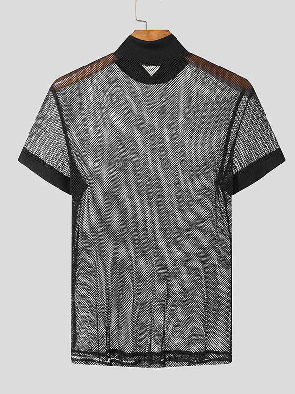 Mens Sheer Mesh Mock Neck Short Sleeve T-Shirt SKUL03161