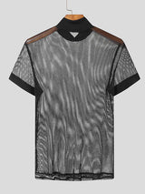 Mens Sheer Mesh Mock Neck Short Sleeve T-Shirt SKUL03161