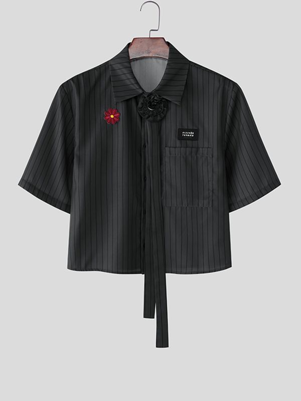 Men's 3D Floral Necktie Cropped Pinstripe Short Sleeve Shirt SKUL55375