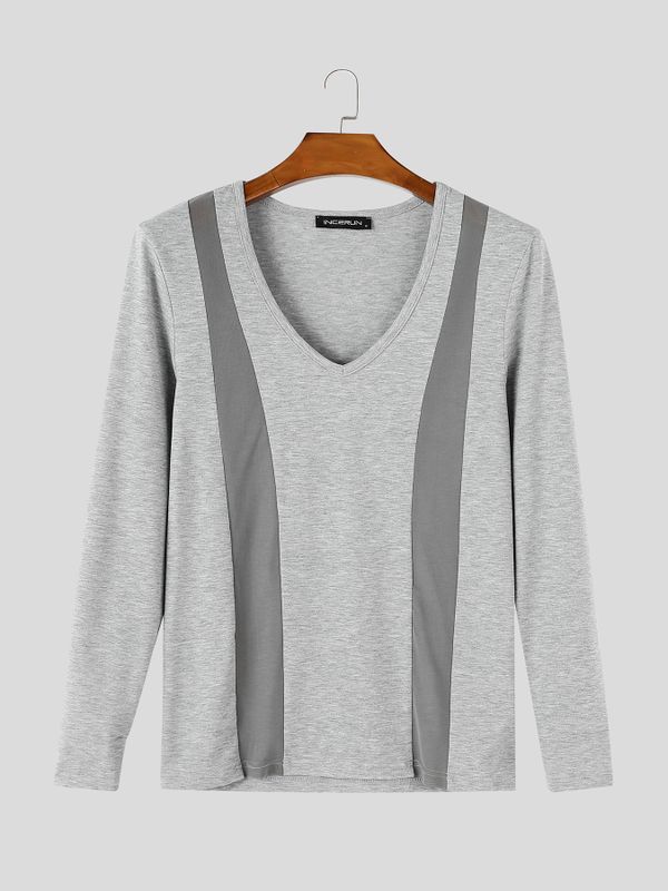 Men's Early Autumn Urban Casual Sheer Mesh Patchwork Deep V-Neck Muscle Fit Long Sleeve V-Neck T-shirt SKUL83997