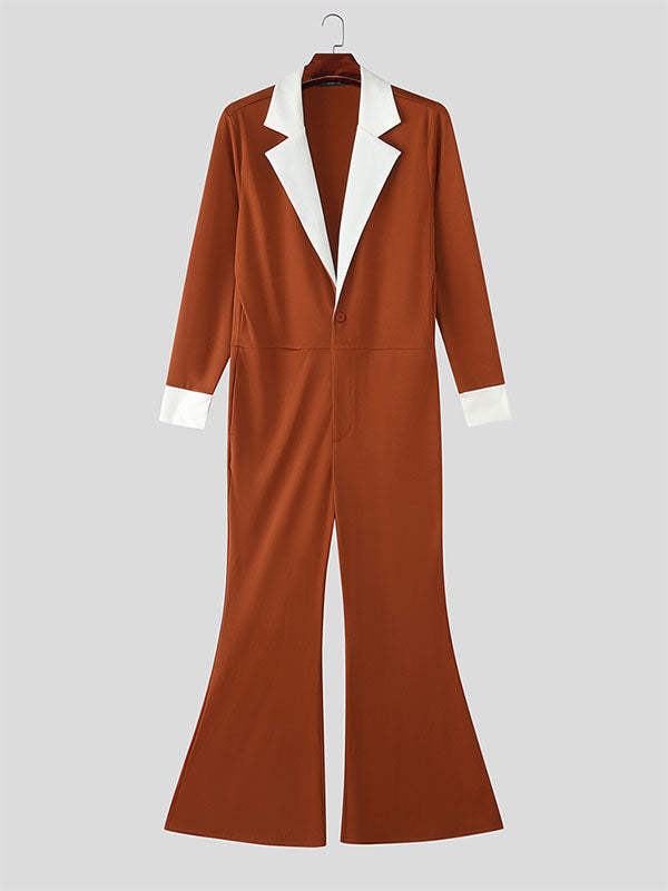 Men's Colorblock Flared Long Sleeve Jumpsuit SKUL23886
