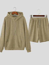 Men's Knit Textured Hooded Two Piece Outfit SKUL43933