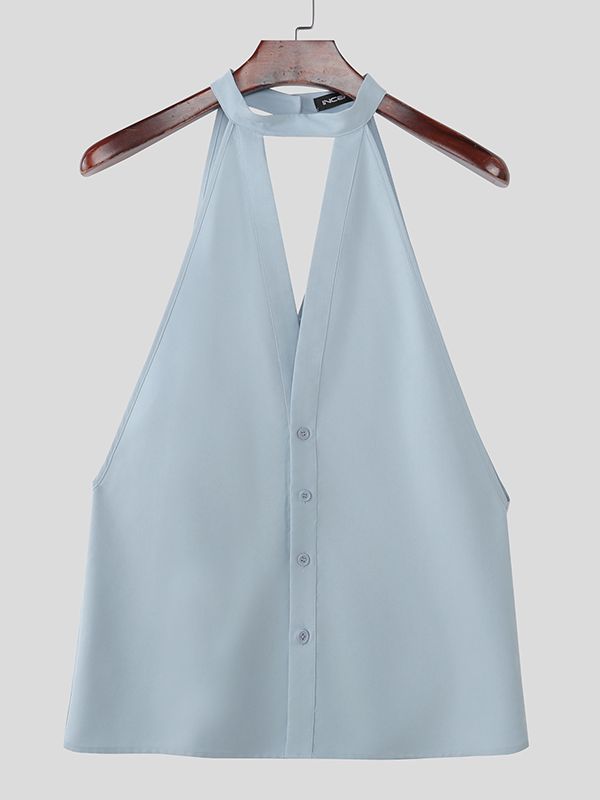 Men's Solid Color Halter Casual Sleeveless Shirt SKUL46164