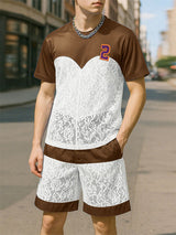 Mens Digital Print Lace Patchwork Two Pieces Outfit SKUL20285