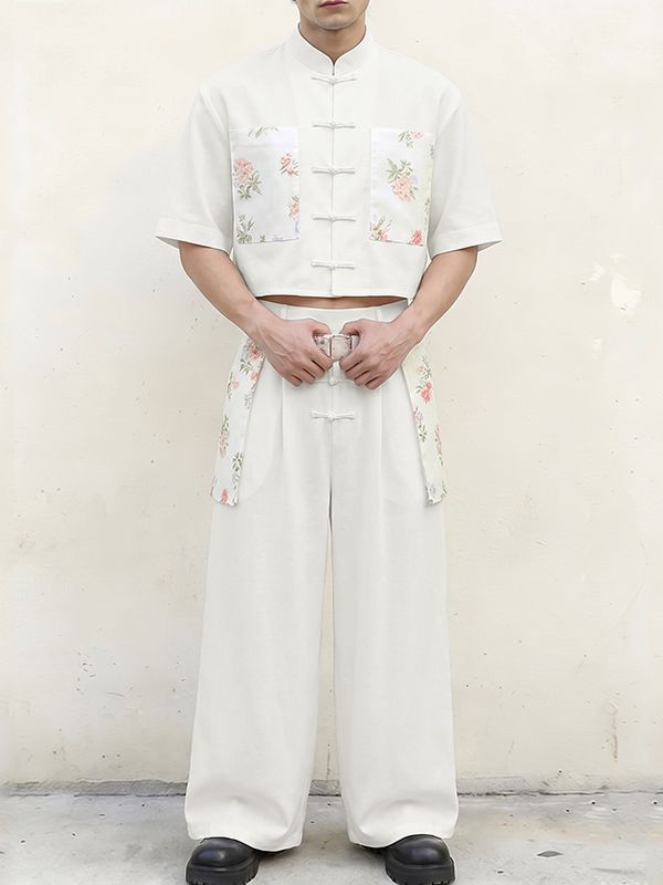 Men's New Chinese Style Floral Print Patchwork Cropped Frog Button Two Pieces Outfit SKUL61177