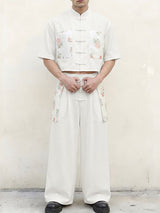Men's New Chinese Style Floral Print Patchwork Cropped Frog Button Two Pieces Outfit SKUL61177