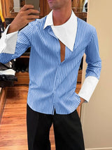 Men's Stripe Asymmetric Collar Long Sleeve Shirt SKUL42794