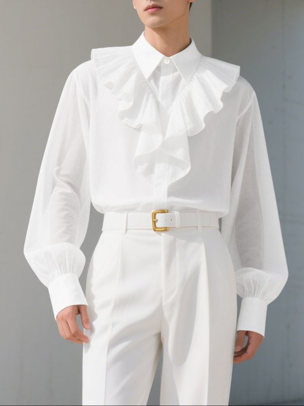 Men's Solid Color Ruffled Patchwork Long Sleeve Shirt SKUL31904