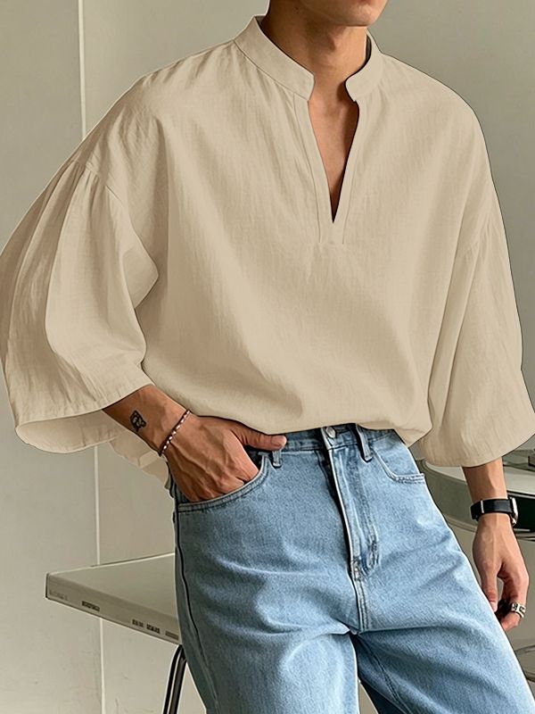 Men's Vintage Harajuku Minimalist Deep V-Neck Mandarin Collar Puff Sleeve Shirt SKUL70241