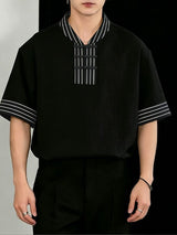 Men's Vintage Casual Frog Button Striped V-Neck Short Sleeve Shirt SKUL60236