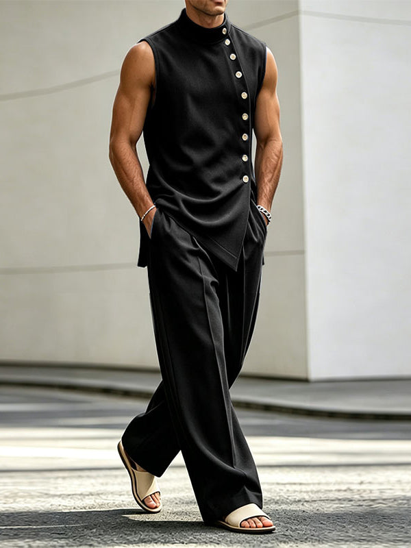 Men's Avant-Garde Casual Asymmetrical Diagonal Button Two Pieces Outfit SKUL74879