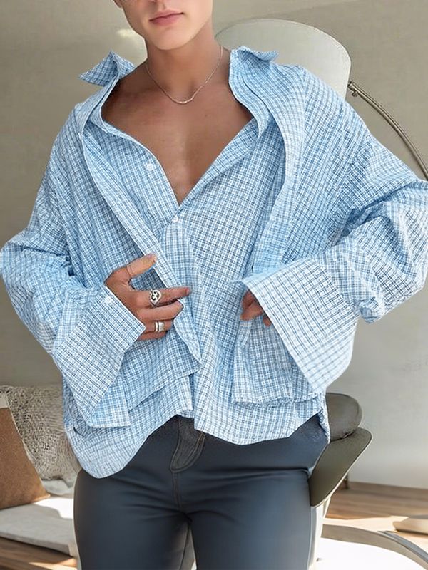 Men's Plaid Double Layer Casual Long Sleeve Shirt SKUL31900