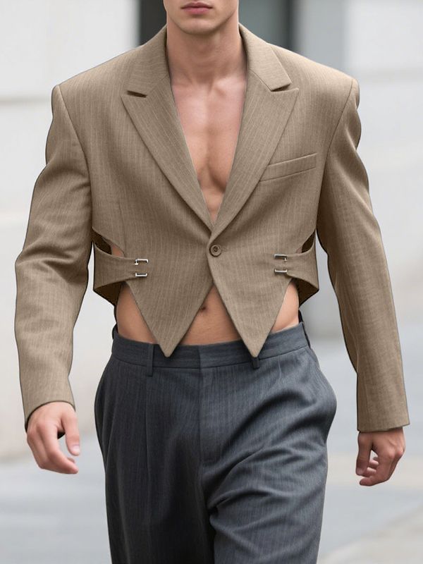 Men's Deconstructed Hollow Striped Cropped Long Sleeve Blazer SKUL30442