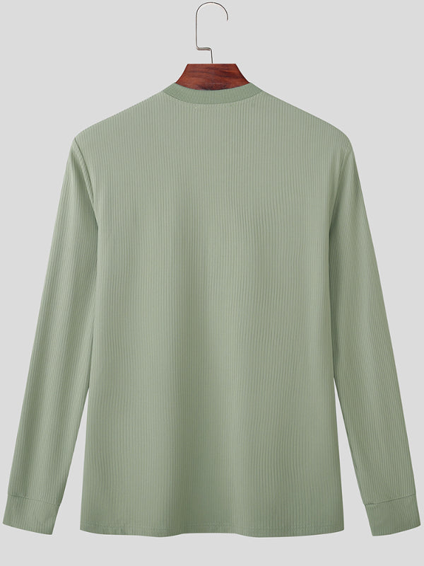 Men's Solid Color Knit Ribbed Long Sleeve T-Shirt SKUL28252