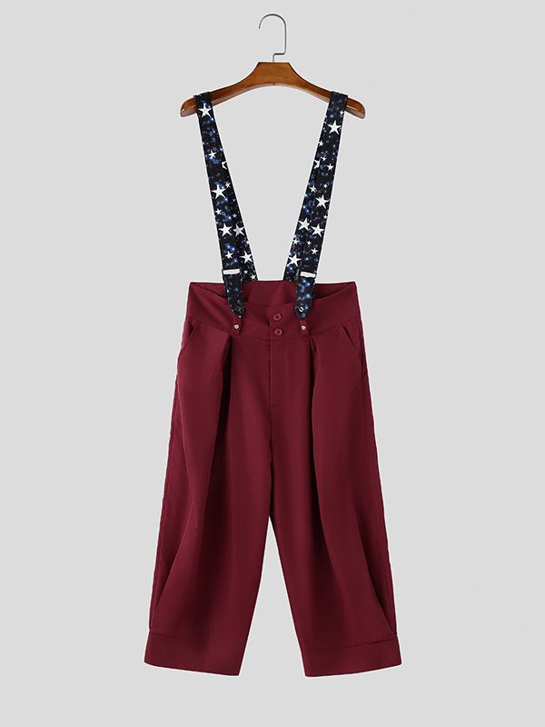 Men's Vintage British Star Printed Double-Button Wide High-Waistband Overall SKUL63185