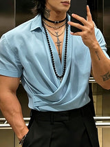 Men's Solid Color Ruched Short Sleeve Shirt SKUL58726
