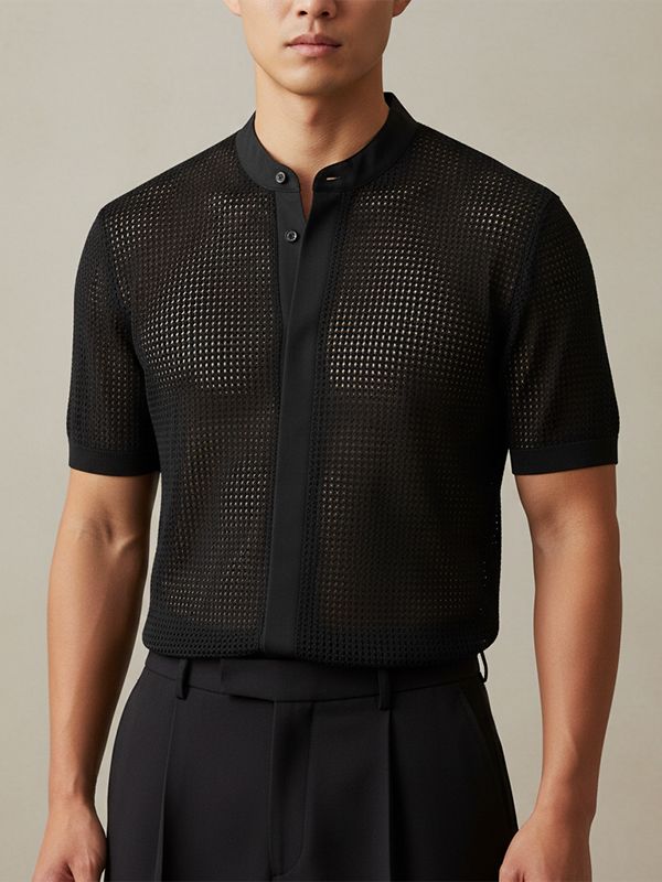 Men's Sheer Mesh Stand Collar Short Sleeve Shirt SKUL55516