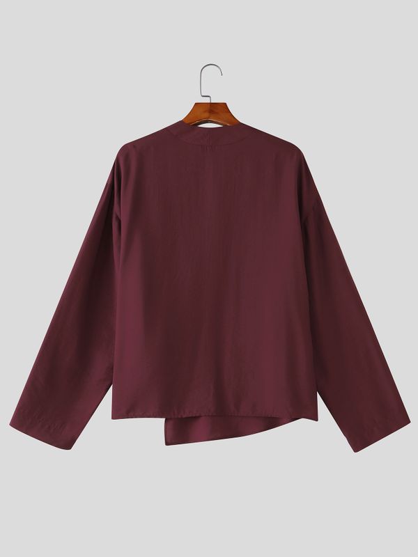 Men's Retro Resort Cross Wrap Asymmetrical Hem Side Button Long Sleeve V-Neck Cardigan SKUL77326
