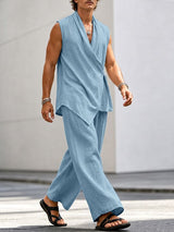 Men's Minimalist Zen Textured Asymmetrical Wrap Two Pieces Outfit SKUL74880