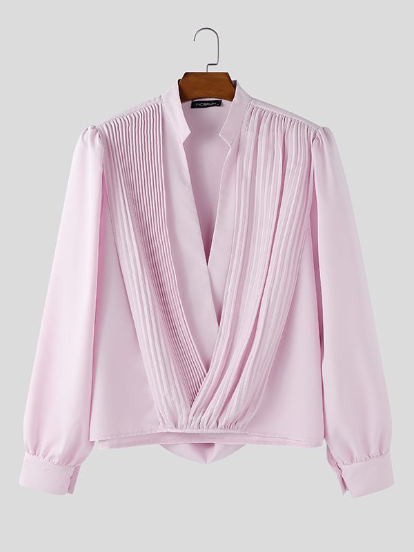 Men's Solid Color Pleated Long Sleeve Shirt SKUL43552