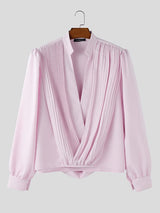 Men's Solid Color Pleated Long Sleeve Shirt SKUL43552