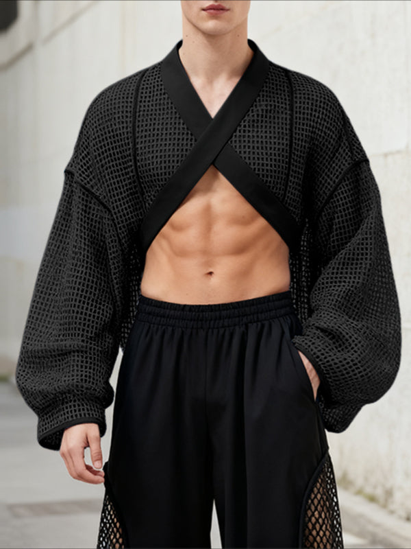 Men's Hollow Mesh Cropped Long Sleeve T-shirt SKUL46551