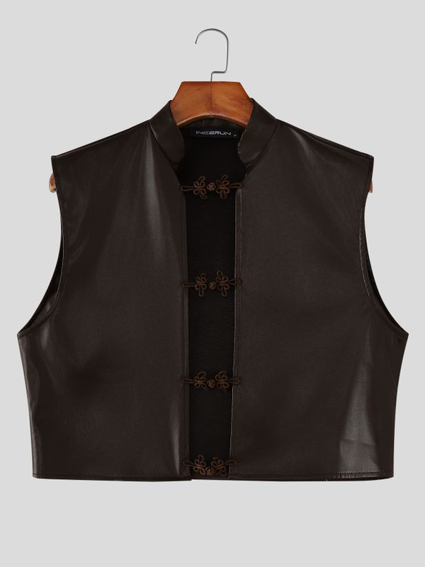 Men's Avant-Garde Modern Chinoiserie Faux Leather Frog Button Cropped Waistcoat SKUL64156