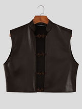 Men's Avant-Garde Modern Chinoiserie Faux Leather Frog Button Cropped Waistcoat SKUL64156