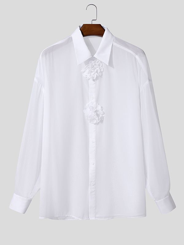 Men's 3D Floral Patchwork Sheer Mesh Long Sleeve Shirt SKUL42546