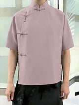 Men's Solid Color Frog Button Short Sleeve Shirt SKUL56252