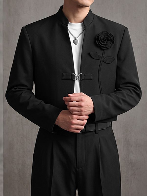 Men's Modern Gothic Red Carpet Stand Collar Floral Applique Long Sleeve Blazer SKUL85237