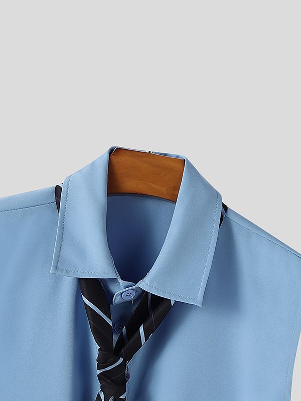 Men's Solid Color Drawstring Tie Cropped Sleeveless Shirt SKUL37675