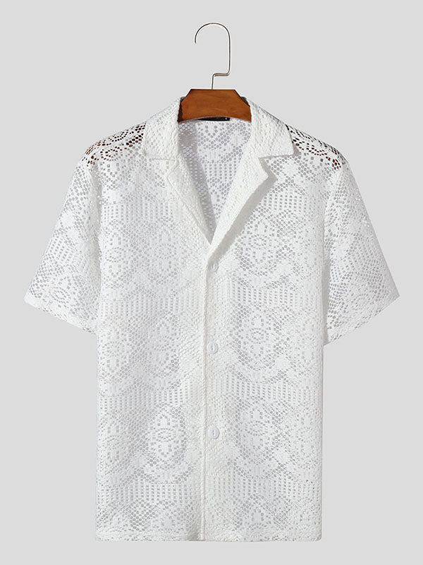 Mens Thin Lace Sheer Short Sleeve Shirt SKUK65524