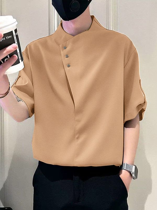 Men's Avant-Garde Neo-Chinese Asymmetric Drape-Collar Drop-Shoulder Roll-Up Sleeve Shirt SKUL75818