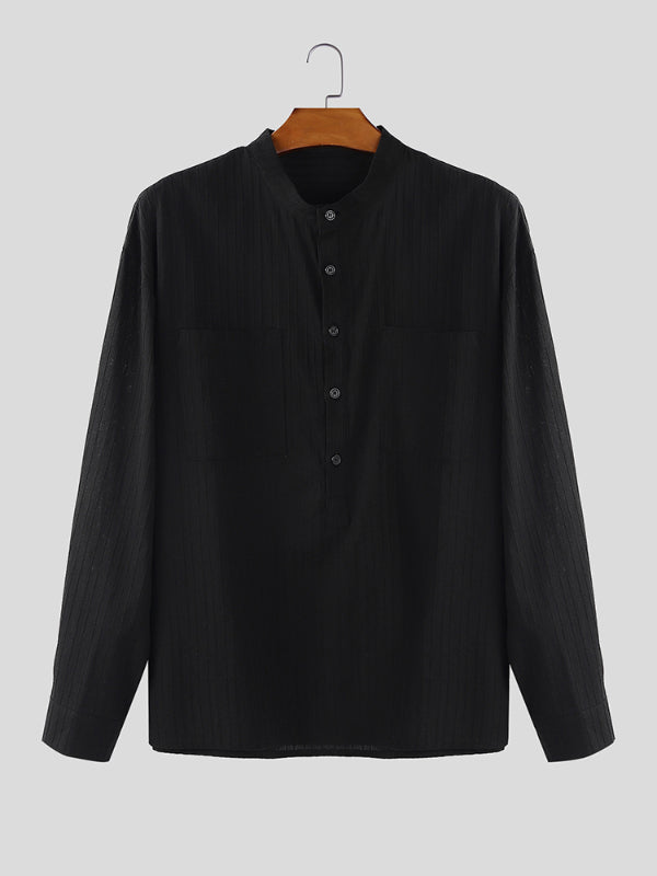 Men's Solid Color Textured Striped Long Sleeve Shirt SKUL31705