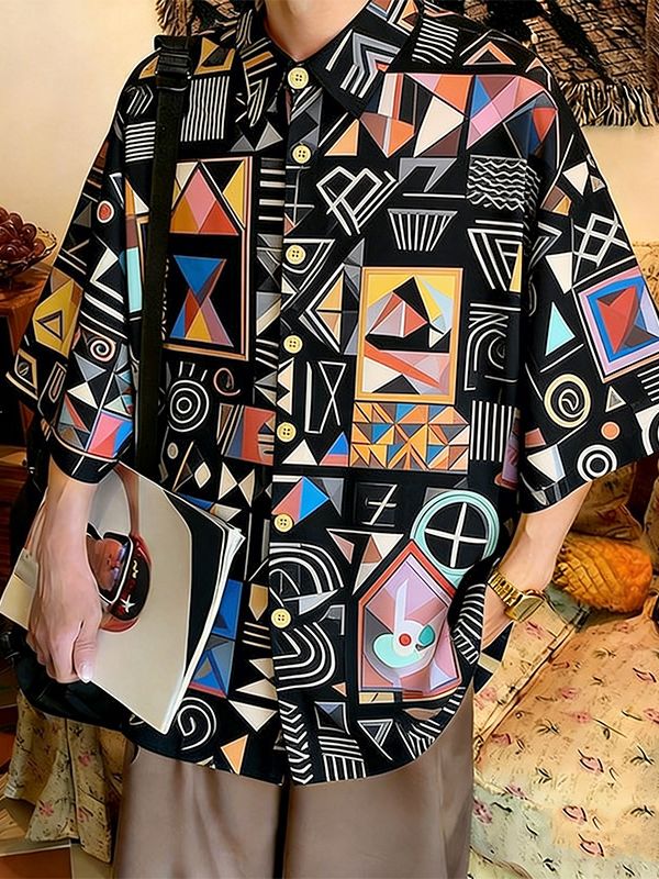 Men's Abstract Geometric Art Print Oversized City Boy Shirt SKUL59520