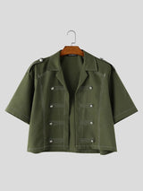 Men's Vintage Military Style Contrast Stitching Frogged Button Cropped Short Sleeve Shirt SKUL77316