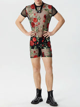 Mens Floral Embroidered Mesh See Through Bodysuit SKUK39947