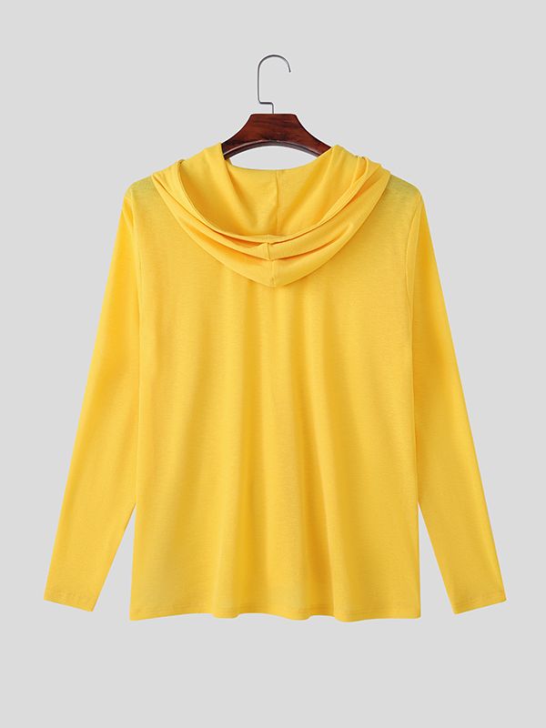 Men's Solid Color Semi-Sheer Hooded Long Sleeve T-shirt SKUL42396