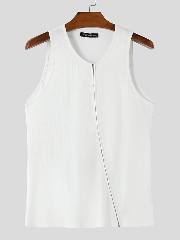 Mens Solid Color Asymmetrical Zip-Up Tank SKUL01332