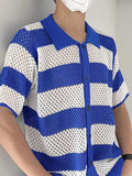 Mens Mesh Hollow Striped Short Sleeve Shirt SKUK63608
