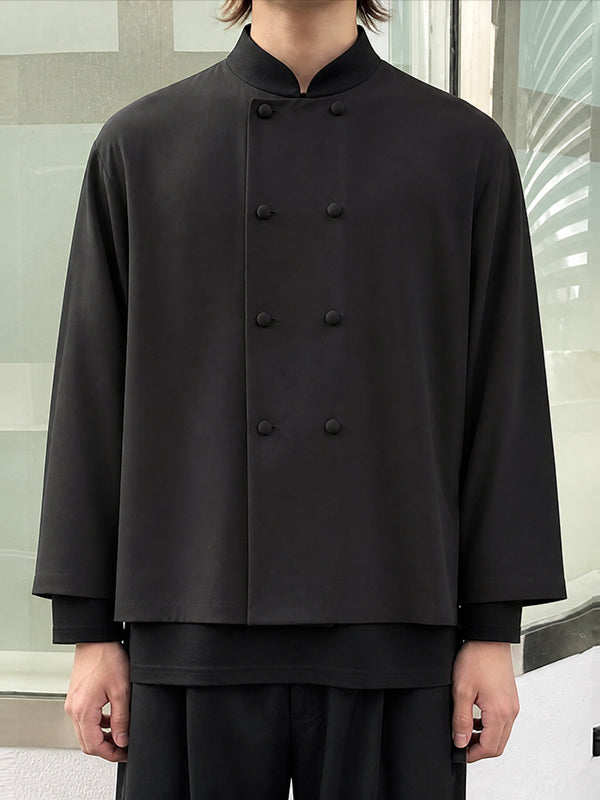 [Pre-order] Men's Neo-Chinese Chic Daily Commute Covered Button Straight Hem Cropped Shirt SKUL88544