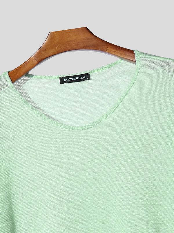 Men's Solid Color Textured Semi Sheer Short Sleeve T-shirt SKUL54745