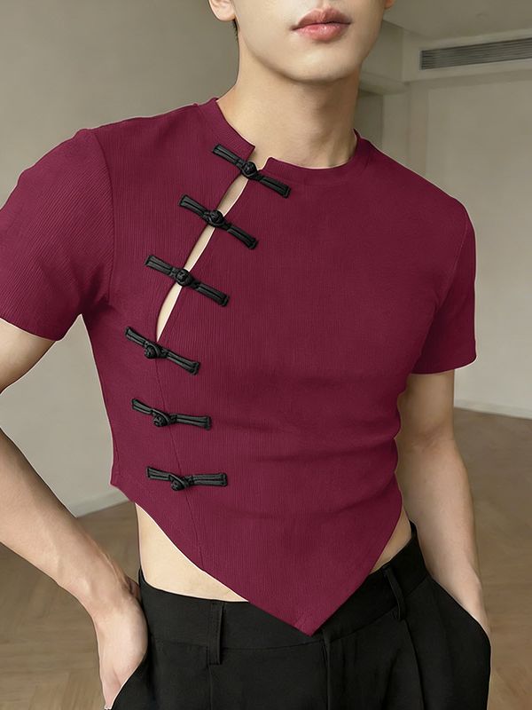 Men's Solid Color Knit Frog Button Short Sleeve T-shirt SKUL58738
