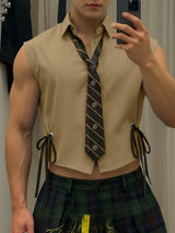 Men's Solid Color Drawstring Tie Cropped Sleeveless Shirt SKUL37675