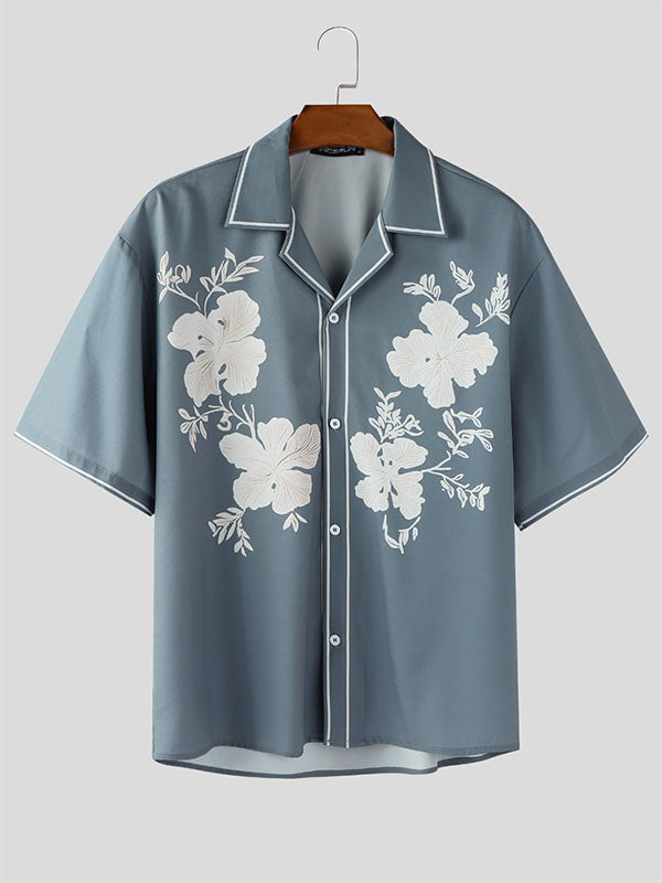 Mens Floral Print Cuban Collar Short Sleeve Shirt SKUL16858