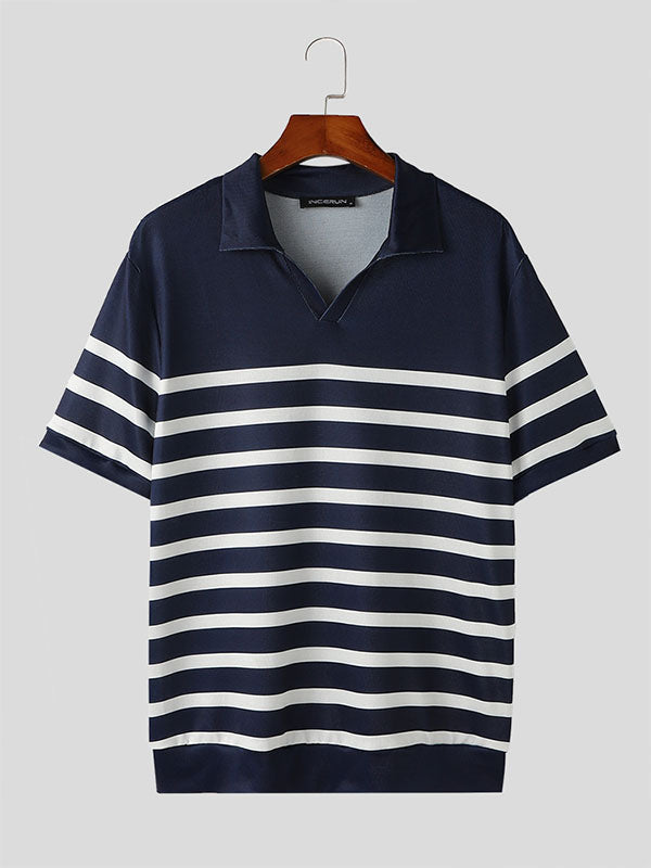 Mens Stripe Print  V-Neck Short-Sleeve Shirt SKUK69983